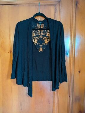 Apt. 9 Black Open-Front Cardigan with Crochet Back